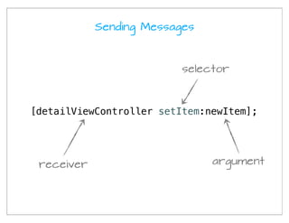 Sending Messages



                          selector



[detailViewController setItem:newItem];




 receiver                      argument
 