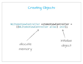 Creating Objects




WLItemsViewController *itemsViewController =
    [[WLItemsViewController alloc] init];




                                   initialize
      allocate                      object
     memory
 