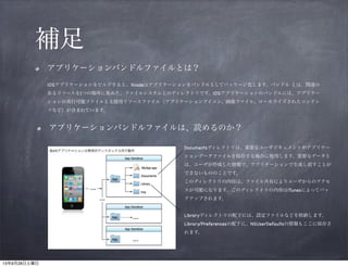 補足
アプリケーションバンドルファイルとは？	


iOSアプリケーションをビルドすると、Xcodeはアプリケーションをバンドルとしてパッケージ化します。バンドル とは、関連の
あるリソースを1つの場所に集めた、ファイルシステム上のディレクトリです。iOSアプリケーションのバンドルには、アプリケー
ションの実行可能ファイルと支援用リソースファイル（アプリケーションアイコン、画像ファイル、ローカライズされたコンテン
ツなど）が含まれています。

アプリケーションバンドルファイルは、読めるのか？	


Documentsディレクトリは、重要なユーザドキュメントやアプリケー
ションデータファイルを保存する場合に使用します。重要なデータと
は、ユーザが作成した情報で、アプリケーションで生成し直すことが
できないもののことです。

このディレクトリの内容は、ファイル共有によりユーザからのアクセ

スが可能になります。このディレクトリの内容はiTunesによってバッ
クアップされます。

Libraryディレクトリの配下には、設定ファイルなどを格納します。

Library/Preferencesの配下に、NSUserDefaultsの情報もここに保存さ
れます。

 