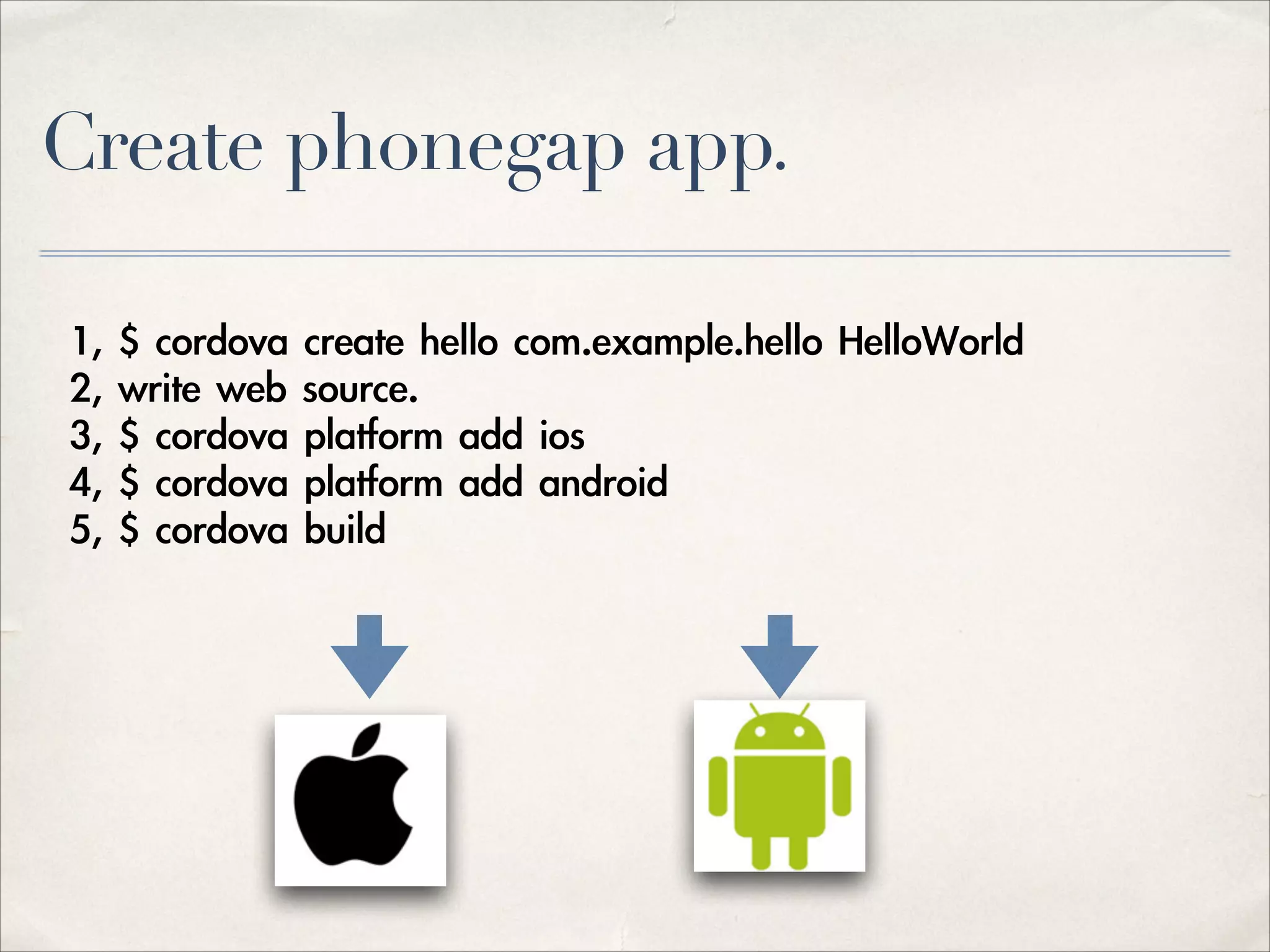 Create phonegap app.
1,	 $	 cordova	 create	 hello	 com.example.hello	 HelloWorld 
2,	 write	 web	 source. 
3,	 $	 cordova	 platform	 add	 ios 
4,	 $	 cordova	 platform	 add	 android 
5,	 $	 cordova	 build

 