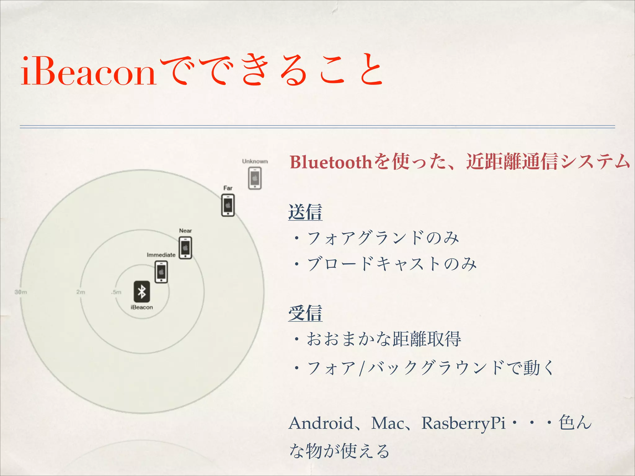 iBeaconでできること
Bluetoothを使った、近距離通信システム
送信!
・フォアグランドのみ!
・ブロードキャストのみ!
!

受信!
・おおまかな距離取得!
・フォア/バックグラウンドで動く!
!

Android、Mac、RasberryPi・・・色ん
な物が使える

 