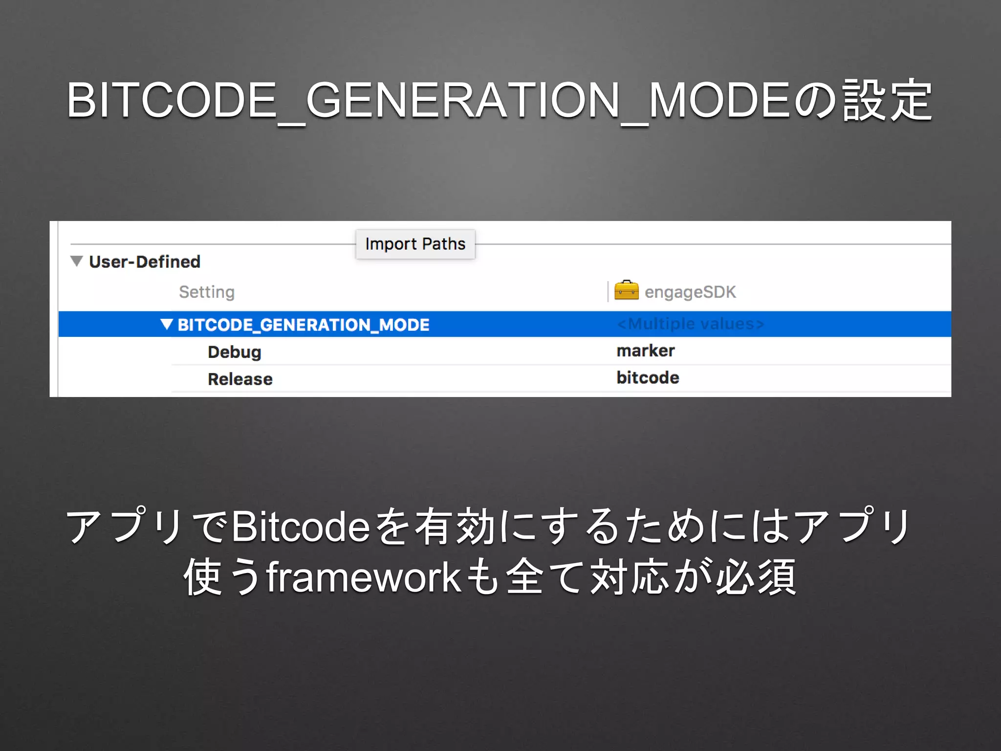 BITCODE_GENERATION_MODEの設定
アプリでBitcodeを有効にするためにはアプリ
使うframeworkも全て対応が必須
 
