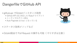 Copyright	©	DeNA Co.,Ltd.	All	Rights	Reserved.
DangerfileでGitHub API
• github.api でOctokitインスタンス取得
• GitHub API v3に対応した Rubyクライアント
• トークンでログイン済み
• Auto Paginate は true になっている
• ステータス取得メソッドなど
• Octokit経由で Pull Request の操作も可能（ やりすぎは注意 )
 
