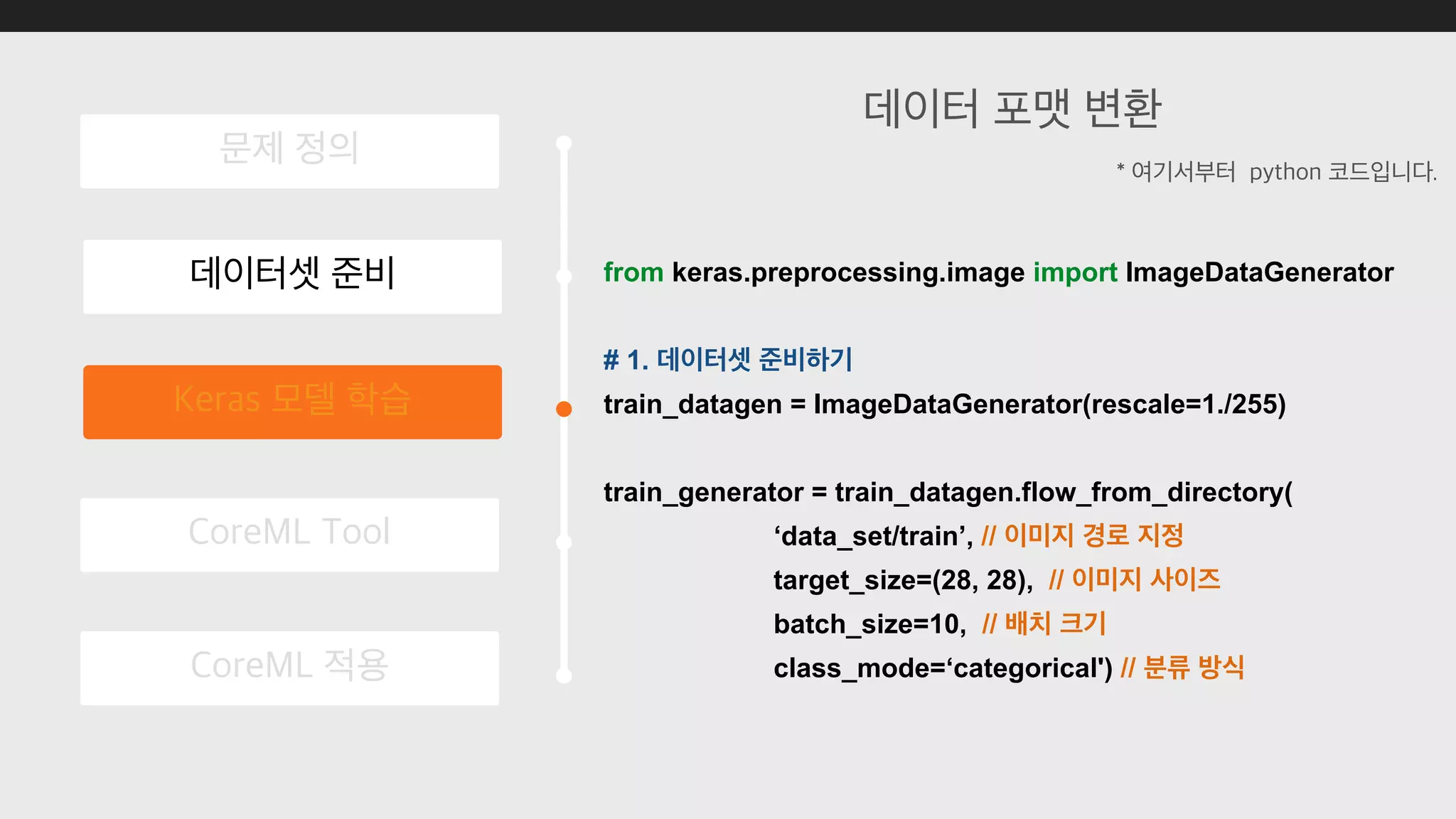 from keras.preprocessing.image import ImageDataGenerator
# 1.
train_datagen = ImageDataGenerator(rescale=1./255)
train_generator = train_datagen.flow_from_directory(
‘data_set/train’, //
target_size=(28, 28), //
batch_size=10, //
class_mode=‘categorical') //
 