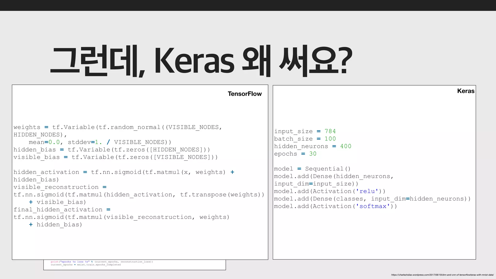 ############################
###DNN in TensorFlow Only###
############################
import tensorflow as tf
from tensorflow.examples.tutorials.mnist import input_data
###1. Load data set, and split it if necessary
mnist = input_data.read_data_sets("MNIST_data/")
###2. we create a holder, a container to place the computation activities in tensorflow
###identifying format and tensor's r/c, null means any kind
VISIBLE_NODES = 784
HIDDEN_NODES = 400
x = tf.placeholder("float", shape=[None, VISIBLE_NODES])
y = tf.placeholder("float", shape=[None, 10])
###3. We identify weights and biases with tensor shape, start with 0
weights = tf.Variable(tf.random_normal((VISIBLE_NODES, HIDDEN_NODES),
mean=0.0, stddev=1. / VISIBLE_NODES))
hidden_bias = tf.Variable(tf.zeros([HIDDEN_NODES]))
visible_bias = tf.Variable(tf.zeros([VISIBLE_NODES]))
###4. set up the sigmoid model and multiply x and W with matmul function, building the
###hidden layer and reconstruction layer
hidden_activation = tf.nn.sigmoid(tf.matmul(x, weights) + hidden_bias)
visible_reconstruction = tf.nn.sigmoid(tf.matmul(hidden_activation, tf.transpose(weights))
+ visible_bias)
final_hidden_activation = tf.nn.sigmoid(tf.matmul(visible_reconstruction, weights)
+ hidden_bias)
###5. This process can be understood as being two phases of learning
###positive and negative or, more poetically, waking and sleeping
positive_phase = tf.matmul(tf.transpose(x), hidden_activation)
negative_phase = tf.matmul(tf.transpose(visible_reconstruction), final_hidden_activation)
LEARNING_RATE = 0.01
weight_update = weights.assign_add(LEARNING_RATE *
(positive_phase - negative_phase))
visible_bias_update = visible_bias.assign_add(LEARNING_RATE *
tf.reduce_mean(x - visible_reconstruction, 0))
hidden_bias_update = hidden_bias.assign_add(LEARNING_RATE *
tf.reduce_mean(hidden_activation - final_hidden_activation, 0))
###6. Now we create the operations for scaling the hidden and visible biases, with loss
###function feedback
train_op = tf.group(weight_update, visible_bias_update, hidden_bias_update)
loss_op = tf.reduce_sum(tf.square(x - visible_reconstruction))
###7. We start the session
session = tf.Session()
session.run(tf.global_variables_initializer())
current_epochs = 0
###8.Run the session
for i in range(20):
total_loss = 0
while mnist.train.epochs_completed == current_epochs:
batch_inputs, batch_labels = mnist.train.next_batch(100)
_, reconstruction_loss = session.run([train_op, loss_op], feed_dict={input_placeholder: batch_inputs})
total_loss += reconstruction_loss
print("epochs %s loss %s" % (current_epochs, reconstruction_loss))
current_epochs = mnist.train.epochs_completed
##############################
###DNN in TensorFlow KeRas ###
##############################
###1. Load Data and Splot Data
from keras.datasets import mnist
from keras.models import Sequential
from keras.layers.core import Dense, Activation
from keras.utils import np_utils
(X_train, Y_train), (X_test, Y_test) = mnist.load_data()
###2.Preprocess
X_train = X_train.reshape(60000, 784)
X_test = X_test.reshape(10000, 784)
X_train = X_train.astype('float32')
X_test = X_test.astype('float32')
X_train /= 255
X_test /= 255
classes = 10
Y_train = np_utils.to_categorical(Y_train, classes)
Y_test = np_utils.to_categorical(Y_test, classes)
###3. Set up parameters
input_size = 784
batch_size = 100
hidden_neurons = 400
epochs = 30
###4.Build the model
model = Sequential()
model.add(Dense(hidden_neurons, input_dim=input_size))
model.add(Activation('relu'))
model.add(Dense(classes, input_dim=hidden_neurons))
model.add(Activation('softmax'))
model.compile(loss='categorical_crossentropy',
metrics=['accuracy'], optimizer='adadelta')
model.fit(X_train, Y_train, batch_size=batch_size, epochs=epochs, verbose=1)
###5.Test
score = model.evaluate(X_test, Y_test, verbose=1)
print('n''Test accuracy:', score[1])
#Test accuracy: 0.983
VS
Keras
TensorFlow
https://charleshsliao.wordpress.com/2017/06/19/dnn-and-cnn-of-tensorﬂowkeras-with-mnist-data/
weights = tf.Variable(tf.random_normal((VISIBLE_NODES,
HIDDEN_NODES),
mean=0.0, stddev=1. / VISIBLE_NODES))
hidden_bias = tf.Variable(tf.zeros([HIDDEN_NODES]))
visible_bias = tf.Variable(tf.zeros([VISIBLE_NODES]))
hidden_activation = tf.nn.sigmoid(tf.matmul(x, weights) +
hidden_bias)
visible_reconstruction =
tf.nn.sigmoid(tf.matmul(hidden_activation, tf.transpose(weights))
+ visible_bias)
final_hidden_activation =
tf.nn.sigmoid(tf.matmul(visible_reconstruction, weights)
+ hidden_bias)
TensorFlow
input_size = 784
batch_size = 100
hidden_neurons = 400
epochs = 30
model = Sequential()
model.add(Dense(hidden_neurons,
input_dim=input_size))
model.add(Activation('relu'))
model.add(Dense(classes, input_dim=hidden_neurons))
model.add(Activation('softmax'))
Keras
 