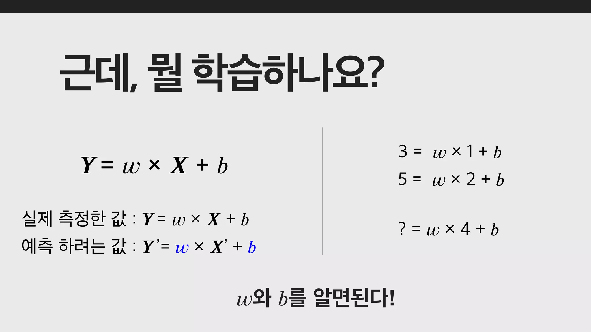 𝒀 = 𝑤 × 𝑿 + 𝑏
𝒀 𝑤 𝑿 𝑏
𝒀 𝑤 𝑿 𝑏
𝑤 𝑏 !
𝑤 𝑏
𝑤 𝑏
𝑤 𝑏
 