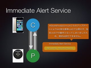 Immediate Alert Service
P
C
Immediate Alert Service
Alert Level Char. - Write without Response
※StickNFindは2014.04ごろのアップデー
トによりIAS等を標準UUIDで公開せず、独
自UUIDでの動作となってしまいましたた
め、現状は試行できません。
 