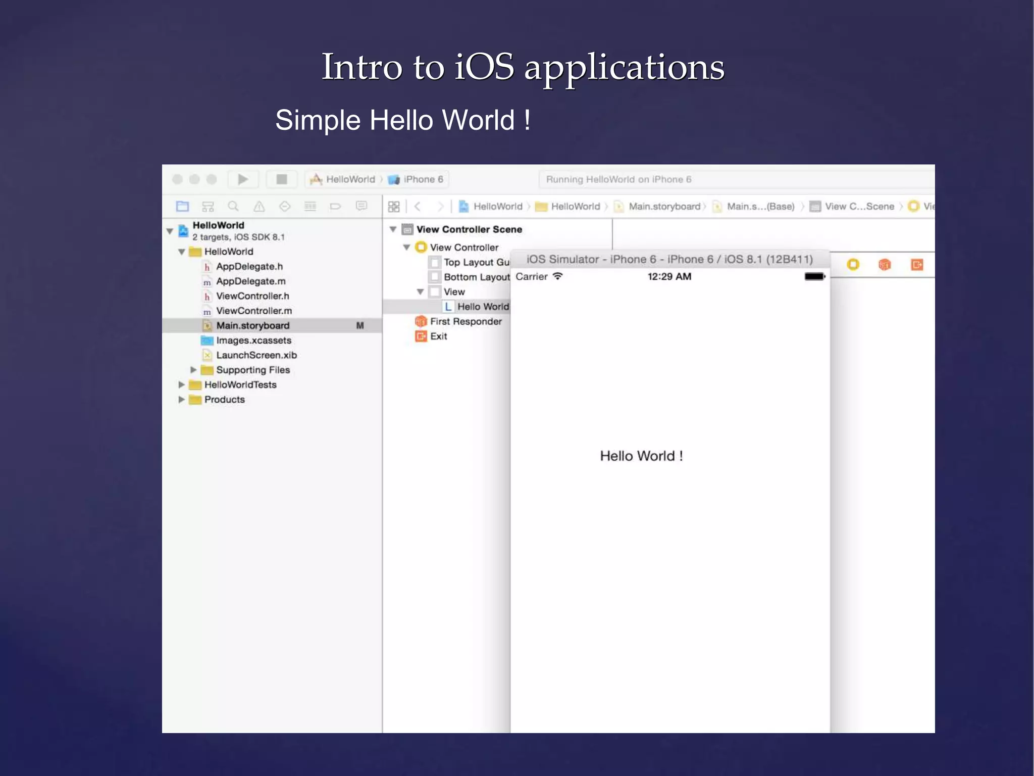 Intro to iOS applications Simple Hello World ! 
