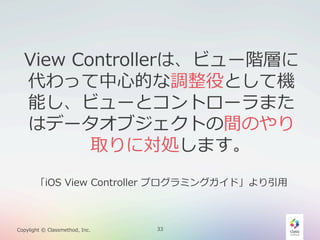 View  Controllerは、ビュー階層に
代わって中⼼心的な調整役として機
能し、ビューとコントローラまた
はデータオブジェクトの間のやり
取りに対処します。
「iOS  View  Controller  プログラミングガイド」より引⽤用

Copylight  ©  Classmethod,  Inc.

33

 