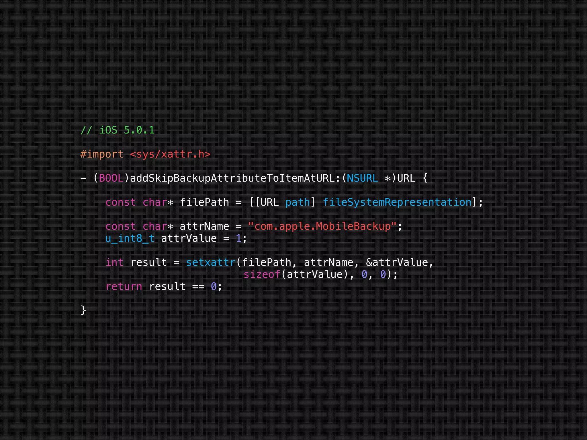 // iOS 5.0.1

#import <sys/xattr.h>

- (BOOL)addSkipBackupAttributeToItemAtURL:(NSURL *)URL {

    const char* filePath = [[URL path] fileSystemRepresentation];

    const char* attrName = "com.apple.MobileBackup";
    u_int8_t attrValue = 1;

    int result = setxattr(filePath, attrName, &attrValue,
                          sizeof(attrValue), 0, 0);
    return result == 0;

}
 
