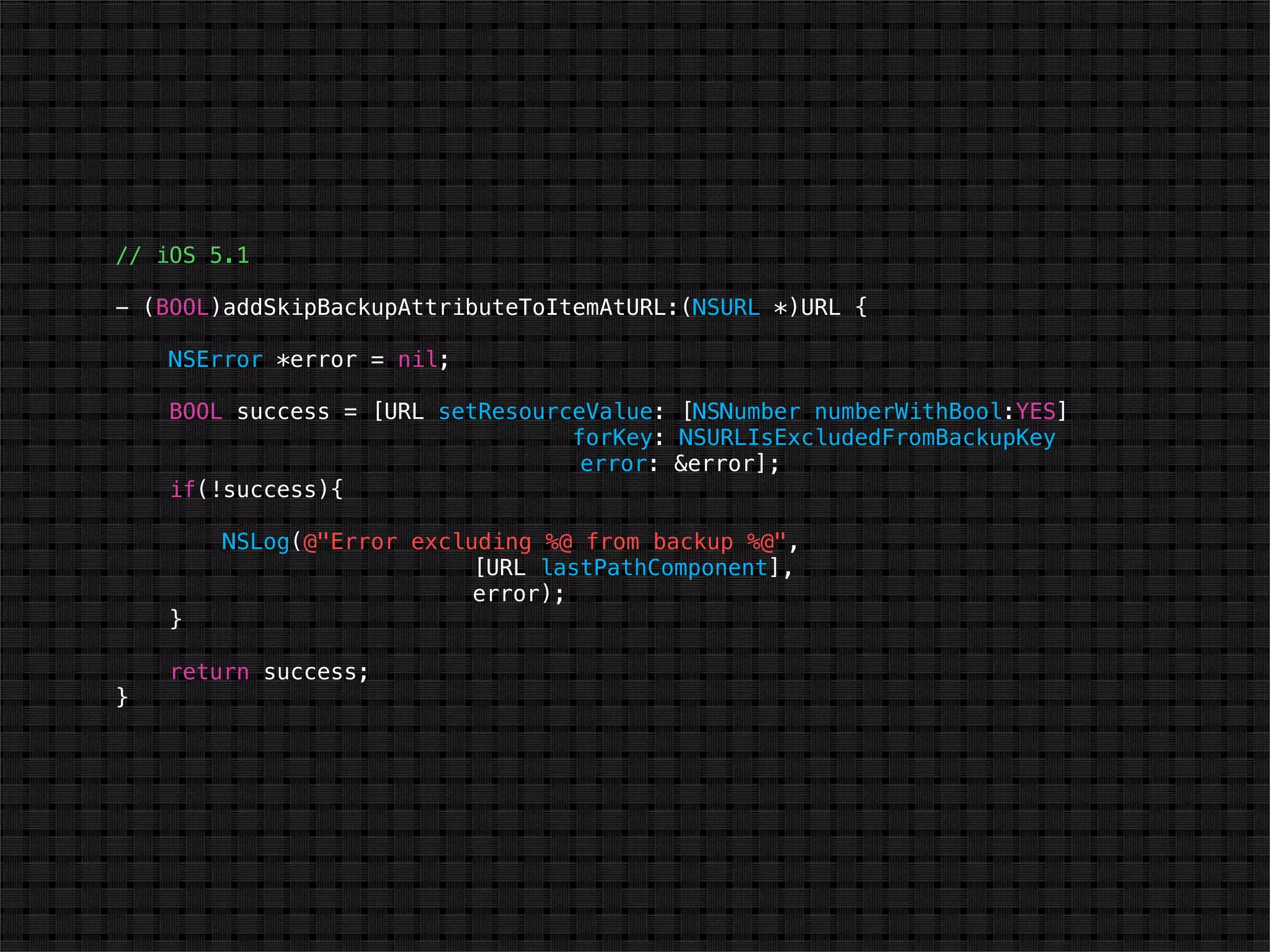 // iOS 5.1

- (BOOL)addSkipBackupAttributeToItemAtURL:(NSURL *)URL {

    NSError *error = nil;

    BOOL success = [URL setResourceValue: [NSNumber numberWithBool:YES]
                                  forKey: NSURLIsExcludedFromBackupKey
                                   error: &error];
    if(!success){

        NSLog(@"Error excluding %@ from backup %@",
                           [URL lastPathComponent],
                           error);
    }

    return success;
}
 