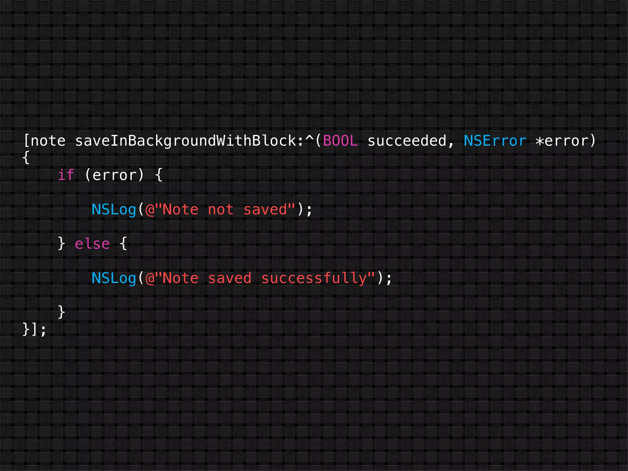 [note saveInBackgroundWithBlock:^(BOOL succeeded, NSError *error)
{
    if (error) {

          NSLog(@"Note not saved");

      } else {

          NSLog(@"Note saved successfully");

      }
}];
 