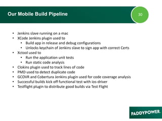 Our Mobile Build Pipeline
• Jenkins slave running on a mac
• XCode Jenkins plugin used to
• Build app in release and debug configurations
• Unlocks keychain of Jenkins slave to sign app with correct Certs
• Xctool used to
• Run the application unit tests
• Run static code analysis
• Clokins plugin used to track lines of code
• PMD used to detect duplicate code
• GCOVR and Cobertura Jenkins plugin used for code coverage analysis
• Successful builds kick off functional test with ios-driver
• Testflight plugin to distribute good builds via Test Flight
 