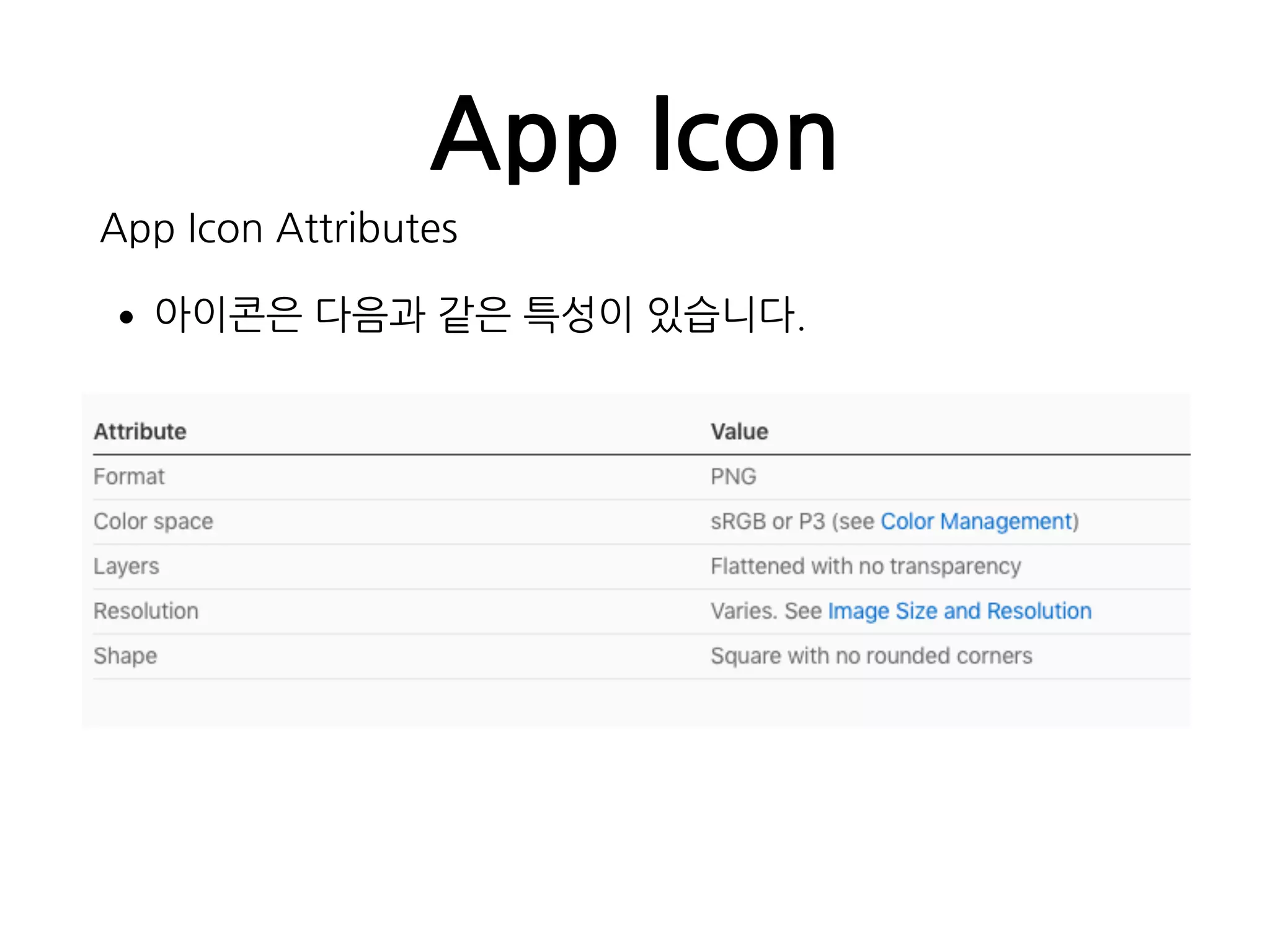 App Icon
App Icon Attributes
•아이콘은 다음과 같은 특성이 있습니다.
 