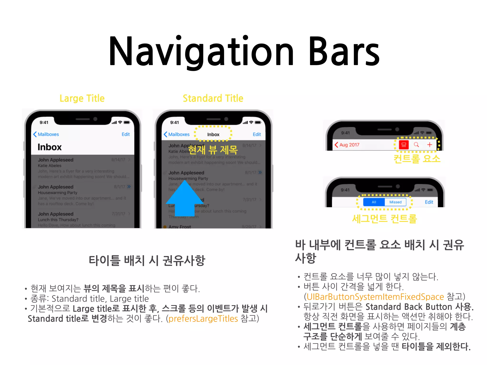 Navigation Bars
바 내부에 컨트롤 요소 배치 시 권유
사항
•컨트롤 요소를 너무 많이 넣지 않는다.
•버튼 사이 간격을 넓게 한다.
(UIBarButtonSystemItemFixedSpace 참고)
•뒤로가기 버튼은 Standard Back Button 사용.
항상 직전 화면을 표시하는 액션만 취해야 한다.
•세그먼트 컨트롤을 사용하면 페이지들의 계층
구조를 단순하게 보여줄 수 있다.
•세그먼트 컨트롤을 넣을 땐 타이틀을 제외한다.
타이틀 배치 시 권유사항
•현재 보여지는 뷰의 제목을 표시하는 편이 좋다.
•종류: Standard title, Large title
•기본적으로 Large title로 표시한 후, 스크롤 등의 이벤트가 발생 시
Standard title로 변경하는 것이 좋다. (prefersLargeTitles 참고)
Standard TitleLarge Title
현재 뷰 제목
컨트롤 요소
세그먼트 컨트롤
 