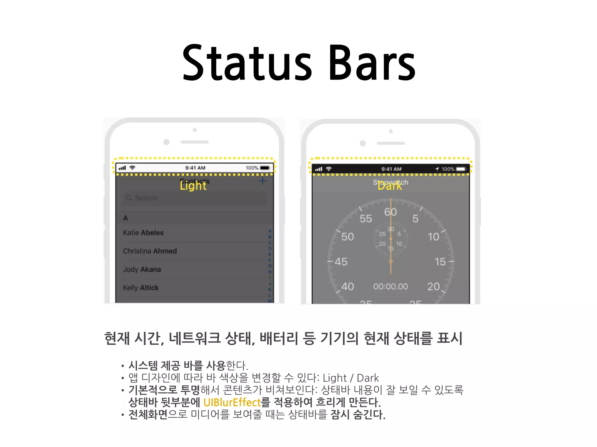Status Bars
현재 시간, 네트워크 상태, 배터리 등 기기의 현재 상태를 표시
•시스템 제공 바를 사용한다.
•앱 디자인에 따라 바 색상을 변경할 수 있다: Light / Dark
•기본적으로 투명해서 콘텐츠가 비쳐보인다: 상태바 내용이 잘 보일 수 있도록
상태바 뒷부분에 UIBlurEffect를 적용하여 흐리게 만든다.
•전체화면으로 미디어를 보여줄 때는 상태바를 잠시 숨긴다.
Light Dark
 