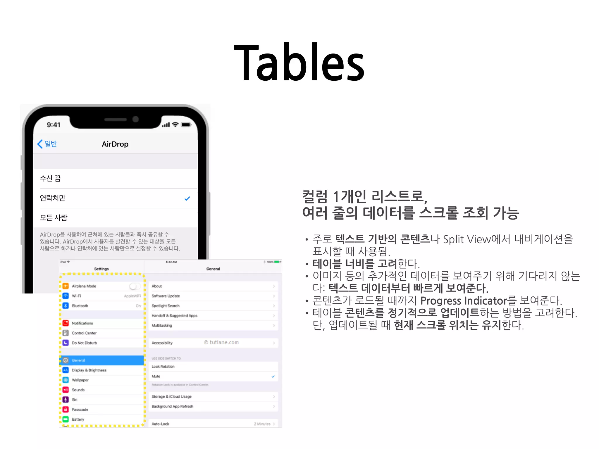 Tables
컬럼 1개인 리스트로,
여러 줄의 데이터를 스크롤 조회 가능
•주로 텍스트 기반의 콘텐츠나 Split View에서 내비게이션을
표시할 때 사용됨.
•테이블 너비를 고려한다.
•이미지 등의 추가적인 데이터를 보여주기 위해 기다리지 않는
다: 텍스트 데이터부터 빠르게 보여준다.
•콘텐츠가 로드될 때까지 Progress Indicator를 보여준다.
•테이블 콘텐츠를 정기적으로 업데이트하는 방법을 고려한다.
단, 업데이트될 때 현재 스크롤 위치는 유지한다.
 