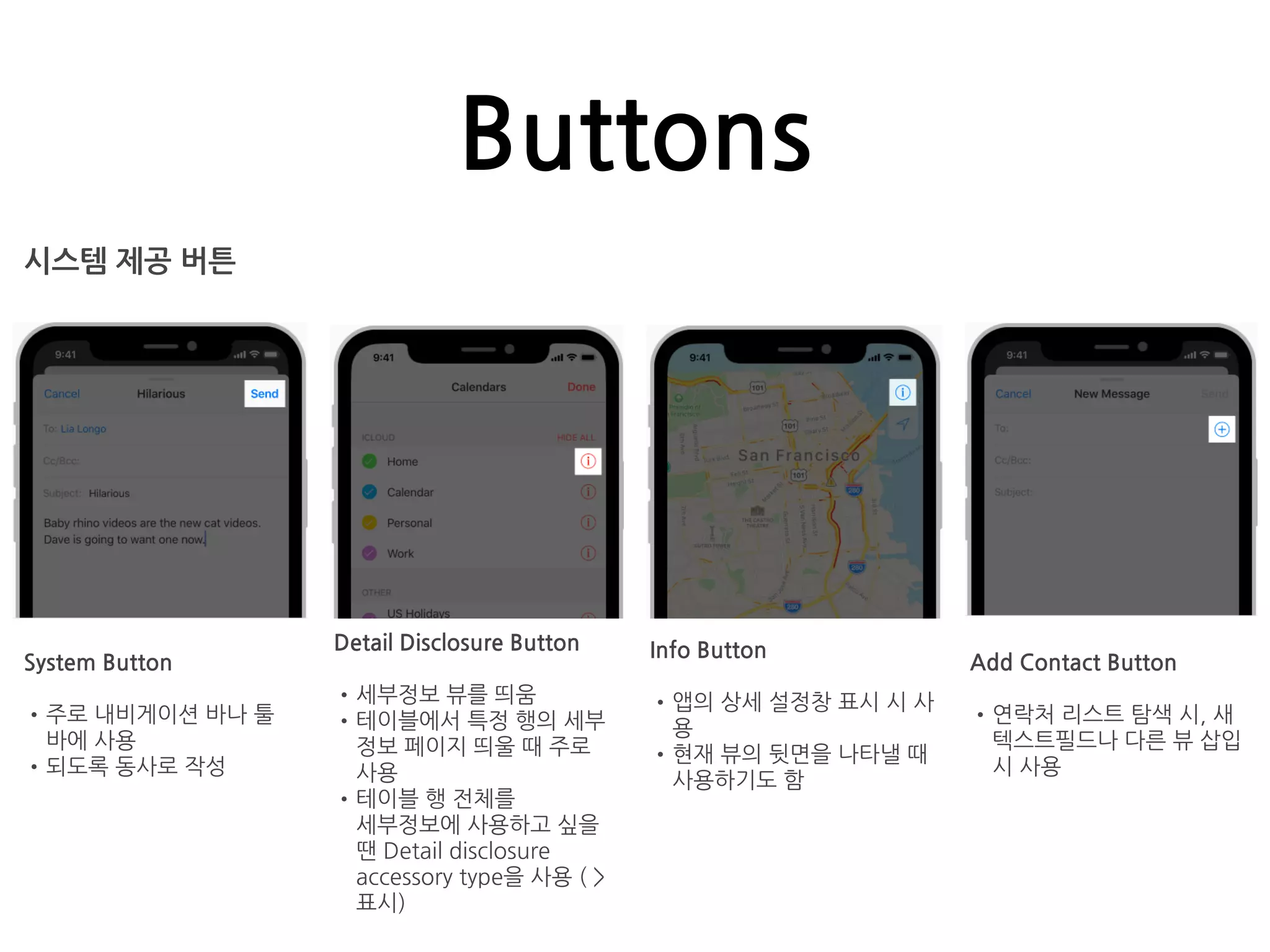 Buttons
시스템 제공 버튼
System Button
•주로 내비게이션 바나 툴
바에 사용
•되도록 동사로 작성
Detail Disclosure Button
•세부정보 뷰를 띄움
•테이블에서 특정 행의 세부
정보 페이지 띄울 때 주로
사용
•테이블 행 전체를
세부정보에 사용하고 싶을
땐 Detail disclosure
accessory type을 사용 ( >
표시)
Info Button
•앱의 상세 설정창 표시 시 사
용
•현재 뷰의 뒷면을 나타낼 때
사용하기도 함
Add Contact Button
•연락처 리스트 탐색 시, 새
텍스트필드나 다른 뷰 삽입
시 사용
 