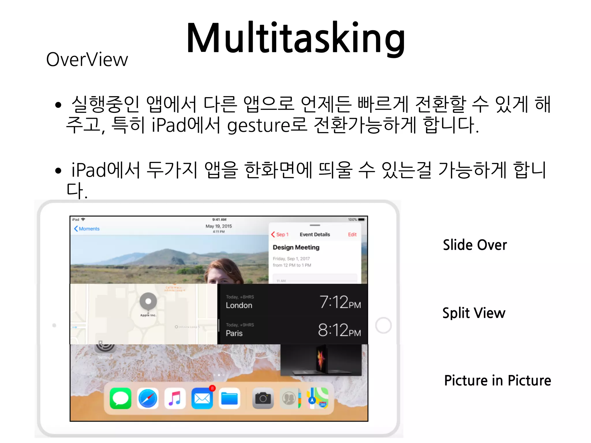 MultitaskingOverView
•실행중인 앱에서 다른 앱으로 언제든 빠르게 전환할 수 있게 해
주고, 특히 iPad에서 gesture로 전환가능하게 합니다.
•iPad에서 두가지 앱을 한화면에 띄울 수 있는걸 가능하게 합니
다.
Slide Over
Split View
Picture in Picture
 