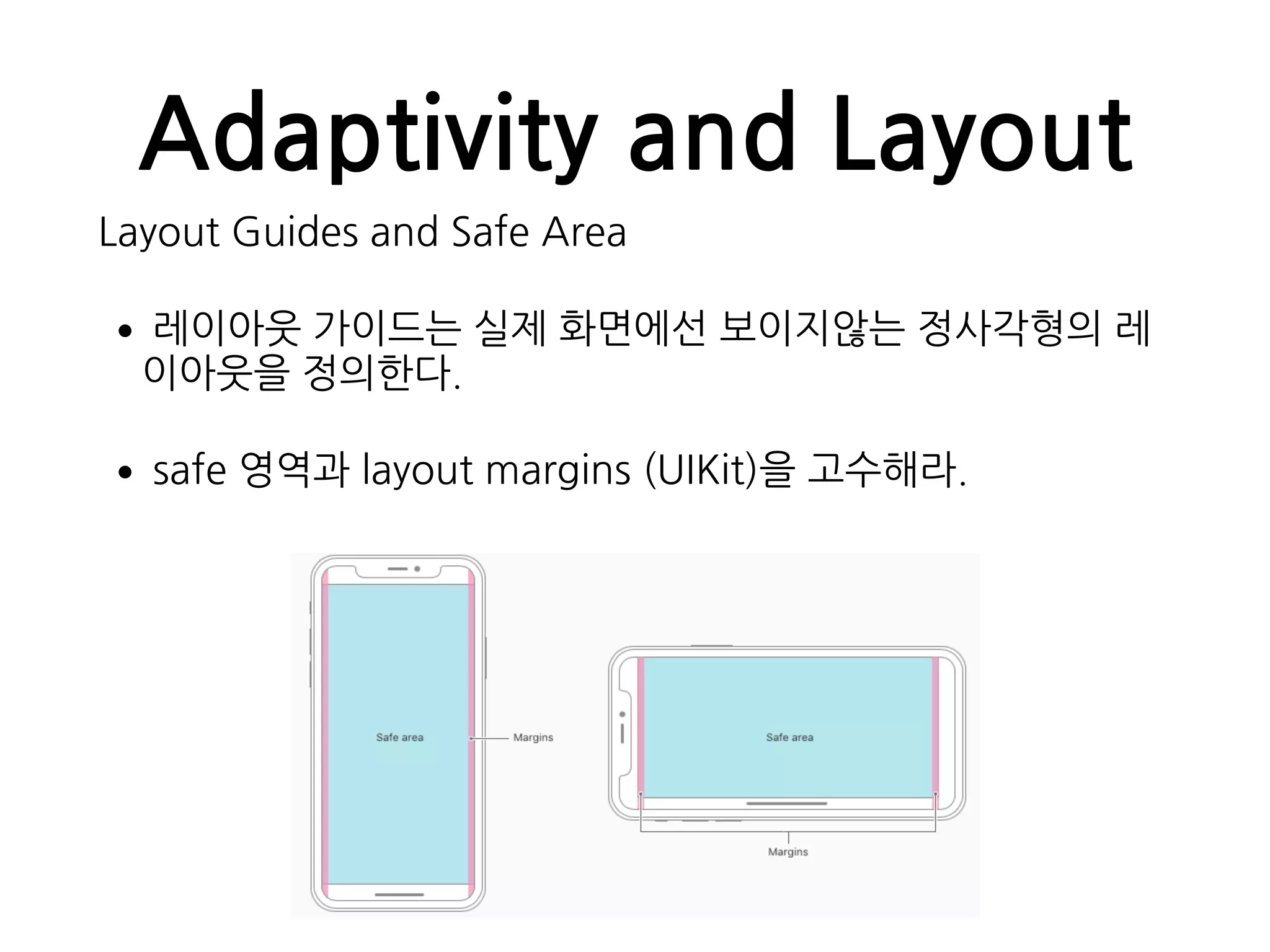 Adaptivity and Layout
Layout Guides and Safe Area
•레이아웃 가이드는 실제 화면에선 보이지않는 정사각형의 레
이아웃을 정의한다.
•safe 영역과 layout margins (UIKit)을 고수해라.
 
