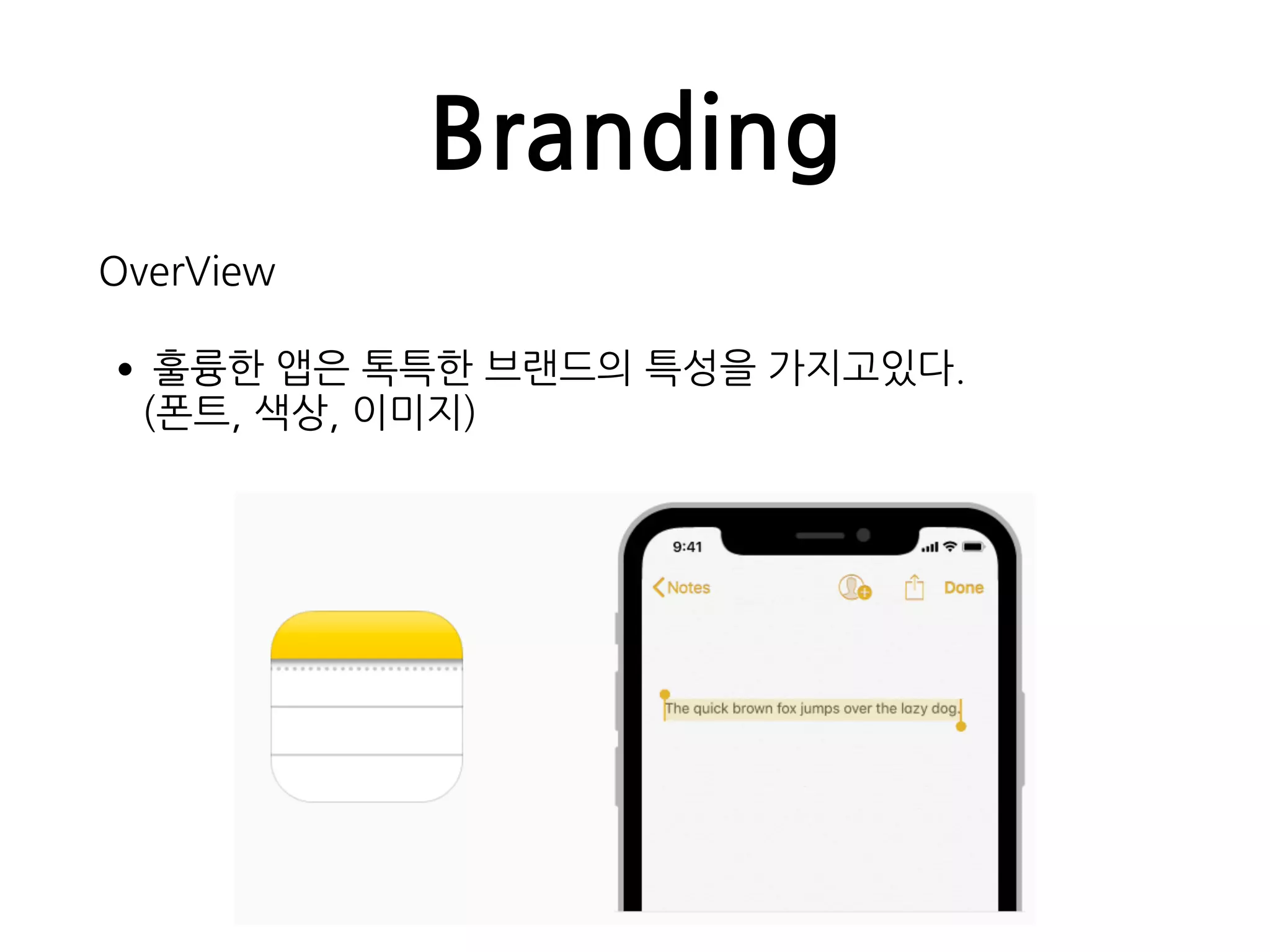 Branding
OverView
•훌륭한 앱은 톡특한 브랜드의 특성을 가지고있다. 
(폰트, 색상, 이미지)
 