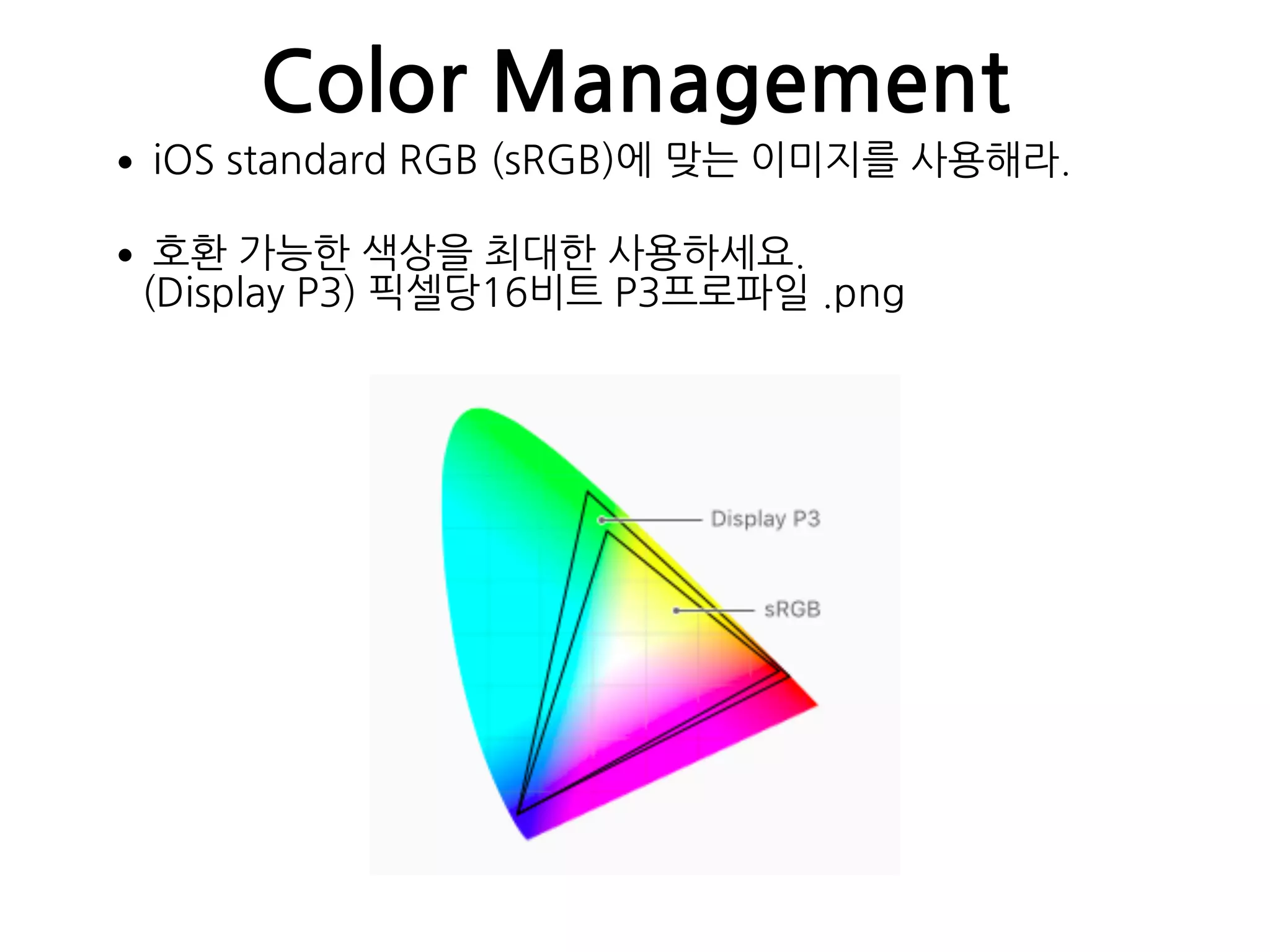 Color Management
•iOS standard RGB (sRGB)에 맞는 이미지를 사용해라.
•호환 가능한 색상을 최대한 사용하세요. 
(Display P3) 픽셀당16비트 P3프로파일 .png
 