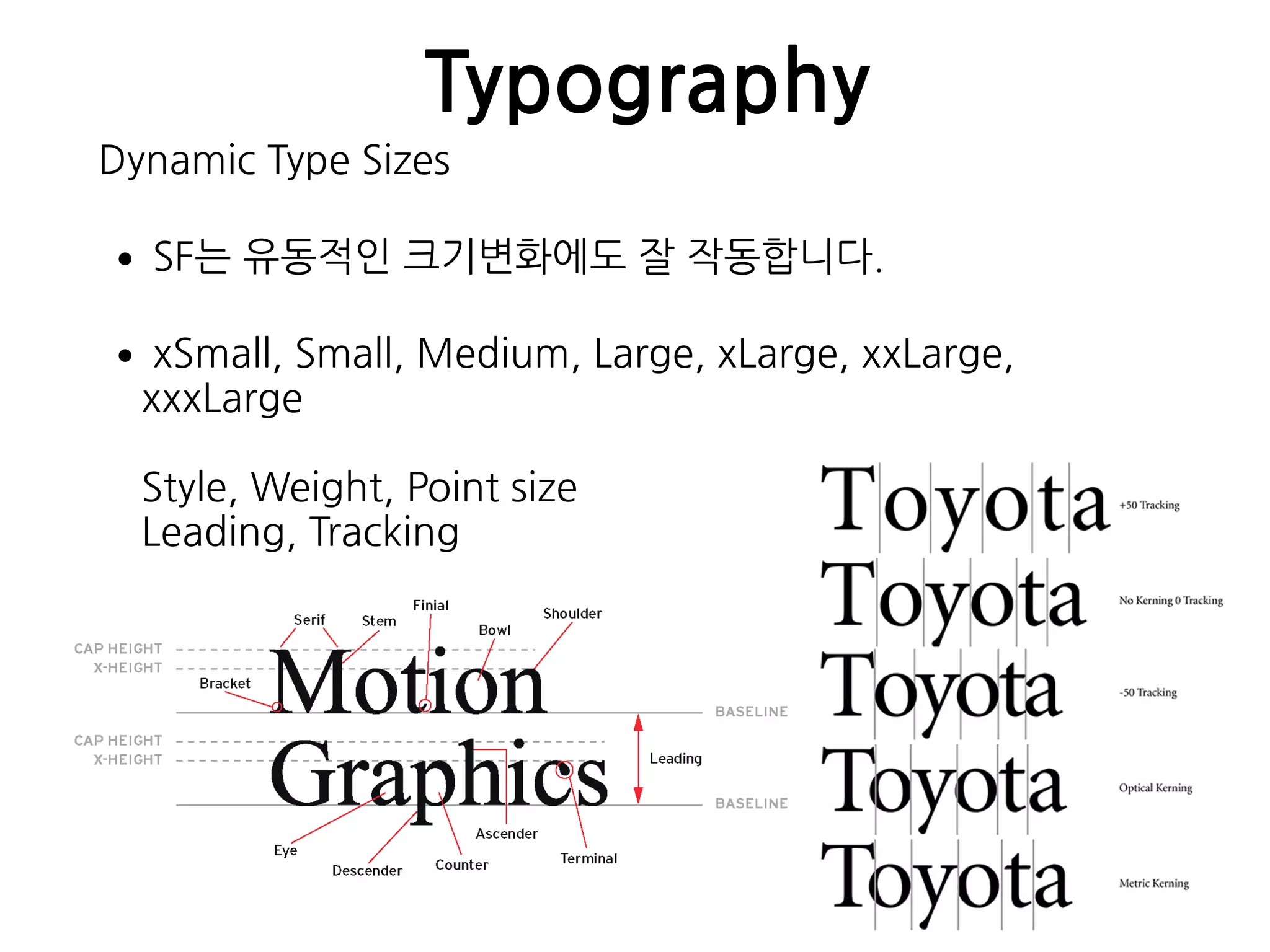Typography
Dynamic Type Sizes
•SF는 유동적인 크기변화에도 잘 작동합니다.
•xSmall, Small, Medium, Large, xLarge, xxLarge,
xxxLarge 
 
Style, Weight, Point size 
Leading, Tracking
 