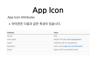 App Icon
App Icon Attributes
•아이콘은 다음과 같은 특성이 있습니다.
 