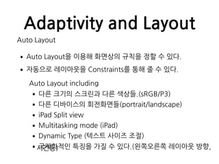Adaptivity and Layout
Auto Layout
•Auto Layout을 이용해 화면상의 규칙을 정할 수 있다.
•자동으로 레이아웃을 Constraints를 통해 줄 수 있다.
Auto Layout including
•다른 크기의 스크린과 다른 색상들.(sRGB/P3)
•다른 디바이스의 회전화면들(portrait/landscape)
•iPad Split view
•Multitasking mode (iPad)
•Dynamic Type (텍스트 사이즈 조절)
•국제화적인 특징을 가질 수 있다.(왼쪽오른쪽 레이아웃 방향,시간등)
 