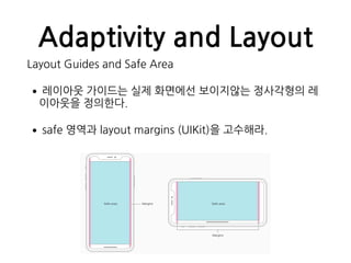 Adaptivity and Layout
Layout Guides and Safe Area
•레이아웃 가이드는 실제 화면에선 보이지않는 정사각형의 레
이아웃을 정의한다.
•safe 영역과 layout margins (UIKit)을 고수해라.
 