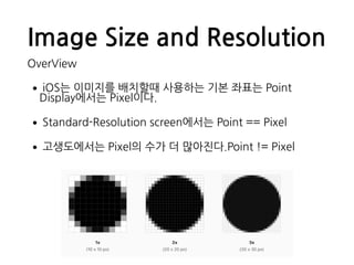 Image Size and Resolution
OverView
•iOS는 이미지를 배치할때 사용하는 기본 좌표는 Point 
Display에서는 Pixel이다.
•Standard-Resolution screen에서는 Point == Pixel
•고생도에서는 Pixel의 수가 더 많아진다.Point != Pixel
 