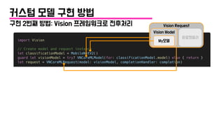 구현 2번째 방법: Vision 프레임워크로 전후처리
커스텀 모델 구현 방법
My모델
Vision Model
Vision Request
완료핸들러
 