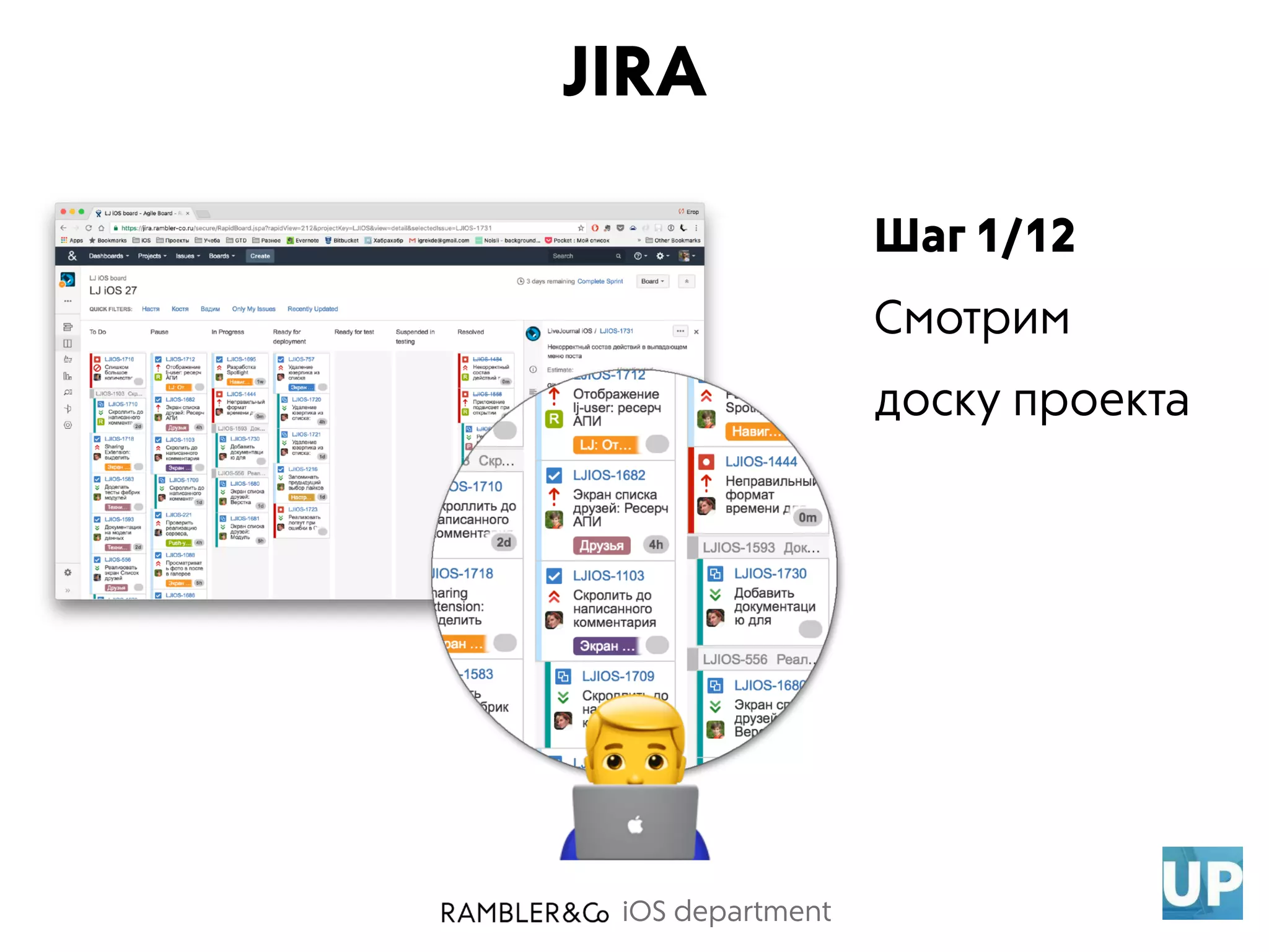 iOS department
Шаг 1/12
Смотрим
доску проекта
JIRA
$
 