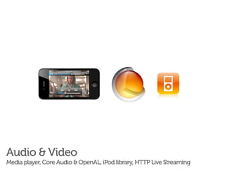Audio & Video
Media player, Core Audio & OpenAL, iPod library, HTTP Live Streaming
 