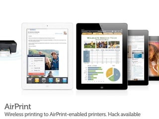 AirPrint
Wireless printing to AirPrint-enabled printers. Hack available
 