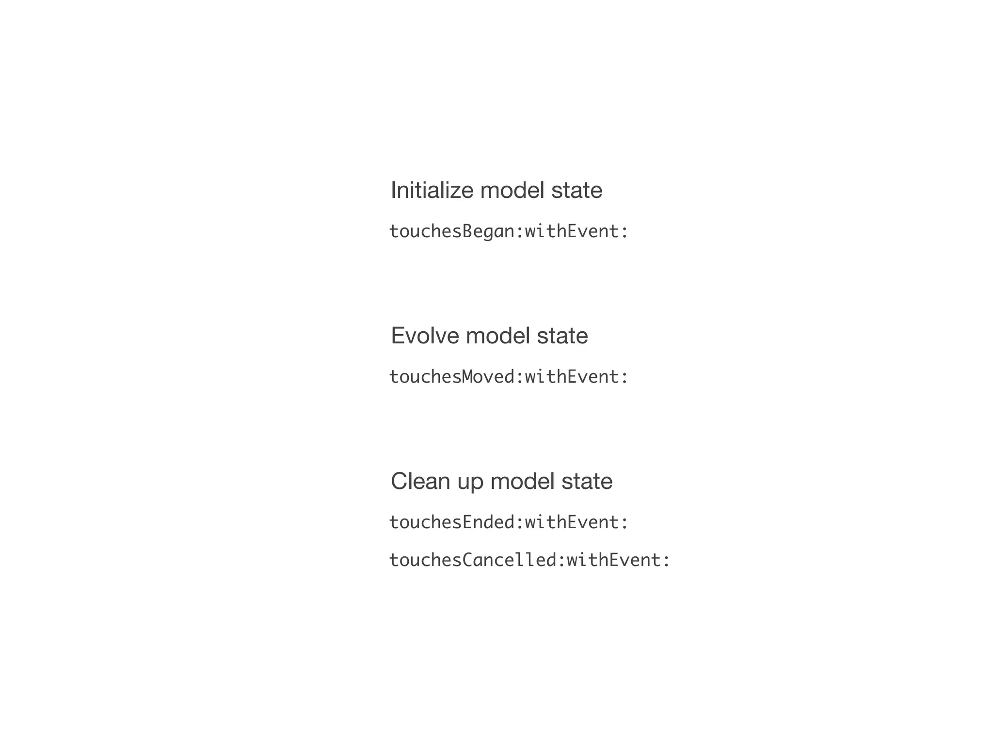 Initialize model state
touchesBegan:withEvent:




Evolve model state
touchesMoved:withEvent:




Clean up model state
touchesEnded:withEvent:

touchesCancelled:withEvent:
 