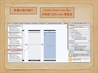 準備以程式進⾏行    MasterViewController
           內部的 Table View 需指定
 