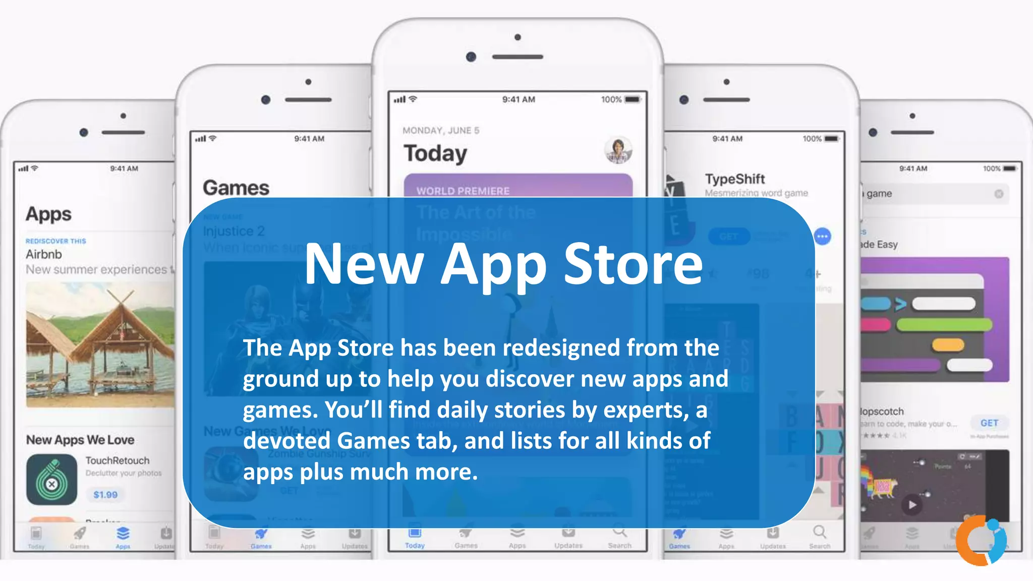 New App Store
The App Store has been redesigned from the
ground up to help you discover new apps and
games. You’ll find daily stories by experts, a
devoted Games tab, and lists for all kinds of
apps plus much more.
 