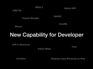 New Capability for Developer
ARKit 3
SwiftUI
Combine
Font
Present Modally
Watch APP
Indoor Maps
USB File
CoreML
APP in Shortcuts
Desktop-class Browsing on iPad
Mouse
 