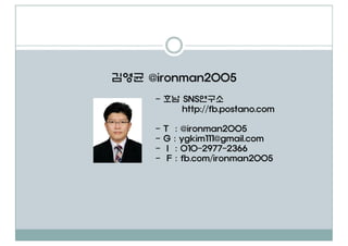 김영균 @ironman2005
     - 호남 SNS연구소
          http://fb.postano.com

     -   T : @ironman2005
     -   G : ygkim111@gmail.com
     -    I : 010-2977-2366
     -    F : fb.com/ironman2005
 