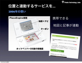 位置と連動するサービスを...
          2006年の想い

                       携帯できる

                       地図と記事が連動




12年2月24日金曜日
 