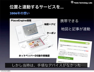 位置と連動するサービスを...
          2006年の想い

                           携帯できる

                           地図と記事が連動




              しかし当時は、手頃なデバイスがなかった
12年2月24日金曜日
 