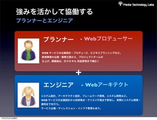強みを活かして協働する
         プランナーとエンジニア


              プランナー - Webプロデューサー
              WEB サービスの企画設計・プロデュース、ビジネスプランニングなど。
              新規事業の企画・戦略立案から、プロジェクトチームの
              立上げ、課題抽出、日々の P/L 収益管理まで幅広く




                             +
              エンジニア            - Webアーキテクト
              システム設計、アーキテクチャ設計、フレームワーク開発、システム開発など。
              WEB サービスの企画設計から技術視点・クリエイタ視点で参加し、実際にシステム開発・
              運用までを行う。
              サービス企画・ディレクション・インフラ管理もあり。



12年2月24日金曜日
 