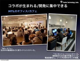 コラボが生まれる/開発に集中できる
          MTLのオフィス/カフェ




「MTL カフェ」
社内外の勉強会などに使うイベントスペース。

                              「コンセントレーションスペース」
                              開発者のための集中作業スペース。
                         電話設置なし。ノートPC用外付モニタ完備。
12年2月24日金曜日
 
