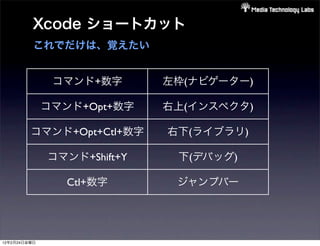 Xcode ショートカット
          これでだけは、覚えたい


               コマンド+数字       左枠(ナビゲーター)

              コマンド+Opt+数字    右上(インスペクタ)

         コマンド+Opt+Ctl+数字     右下(ライブラリ)

              コマンド+Shift+Y    下(デバッグ)

                 Ctl+数字       ジャンプバー




12年2月24日金曜日
 
