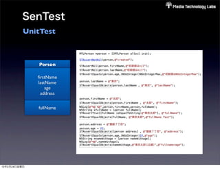 SenTest
          UnitTest



              Person

              ﬁrstName
              lastName
                  age
               address


              fullName




12年2月24日金曜日
 