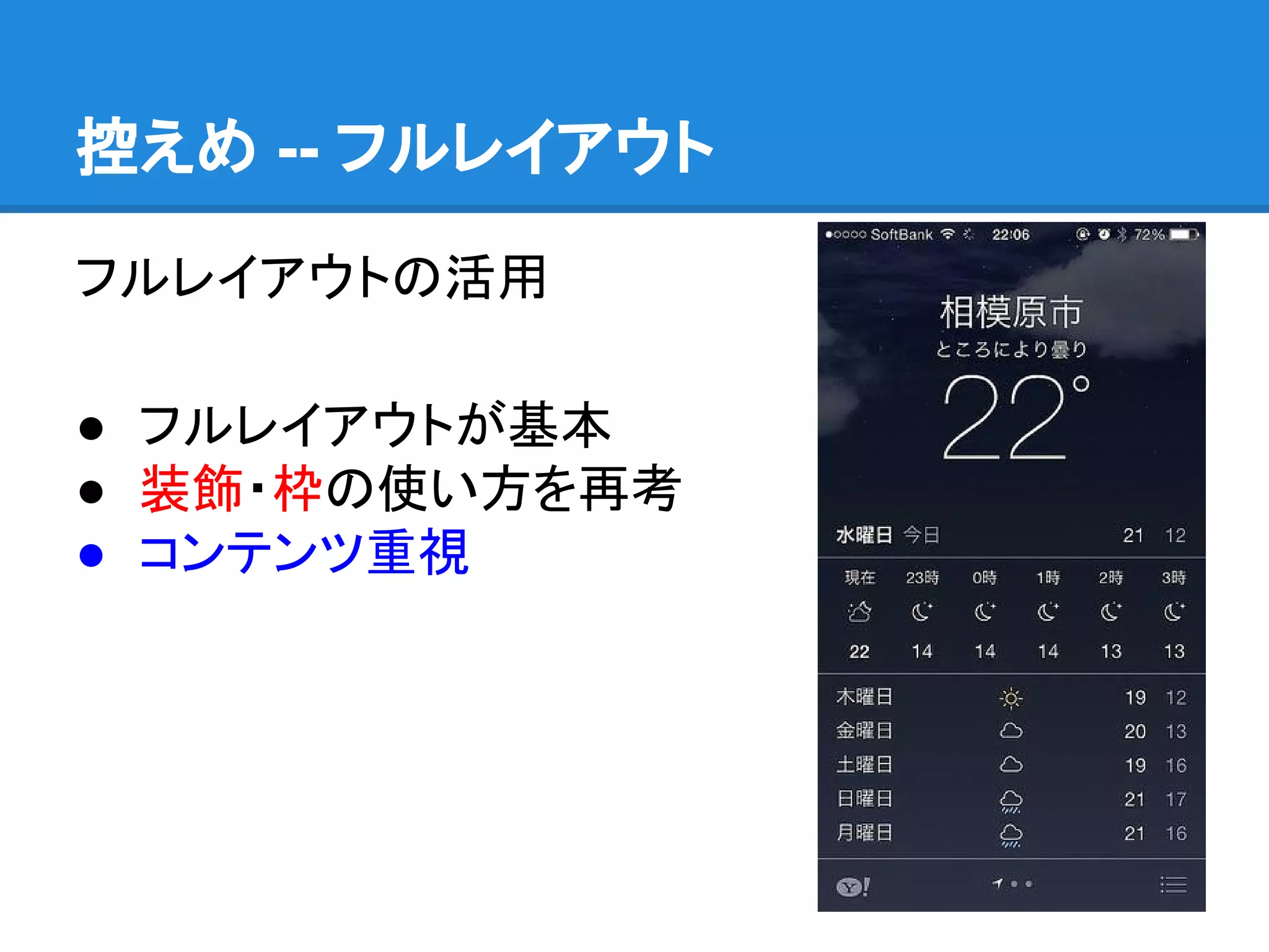 控えめ -- フルレイアウト
フルレイアウトの活用
● フルレイアウトが基本
● 装飾・枠の使い方を再考
● コンテンツ重視

 
