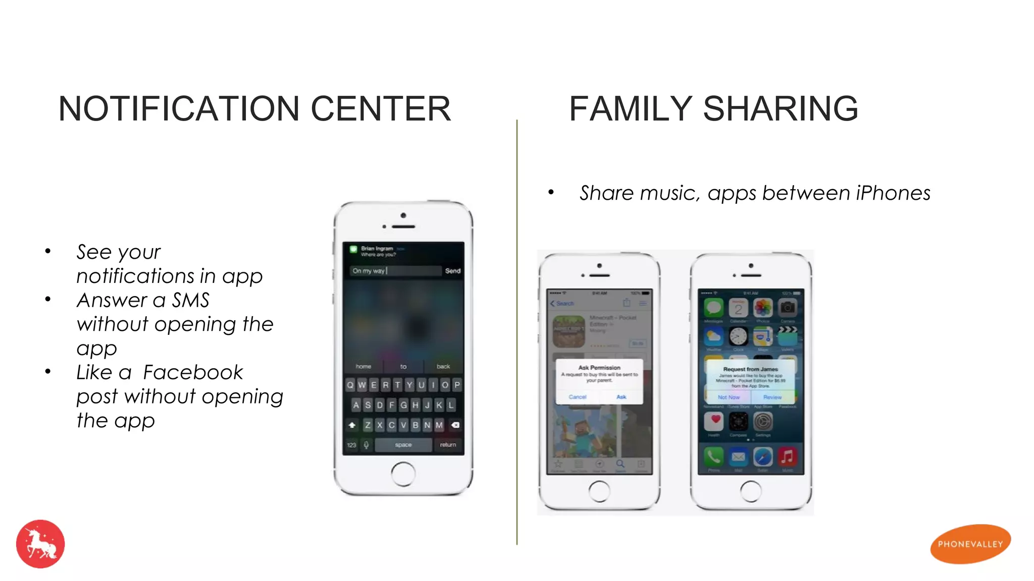 NOTIFICATION CENTER FAMILY SHARING 
• See your 
notifications in app 
• Answer a SMS 
without opening the 
app 
• Like a Facebook 
post without opening 
the app 
• Share music, apps between iPhones 
 