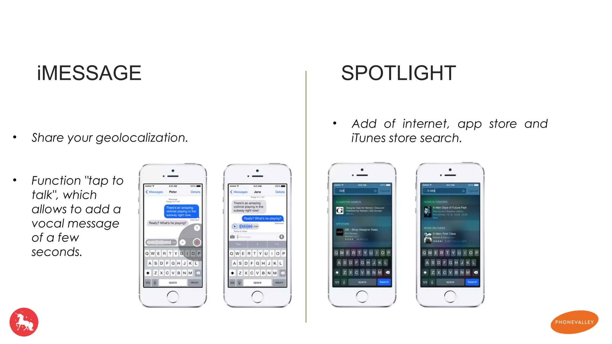 iMESSAGE SPOTLIGHT 
• Function "tap to 
talk", which 
allows to add a 
vocal message 
of a few 
seconds. 
• Add of internet, app store and 
• Share your geolocalization. iTunes store search. 
 