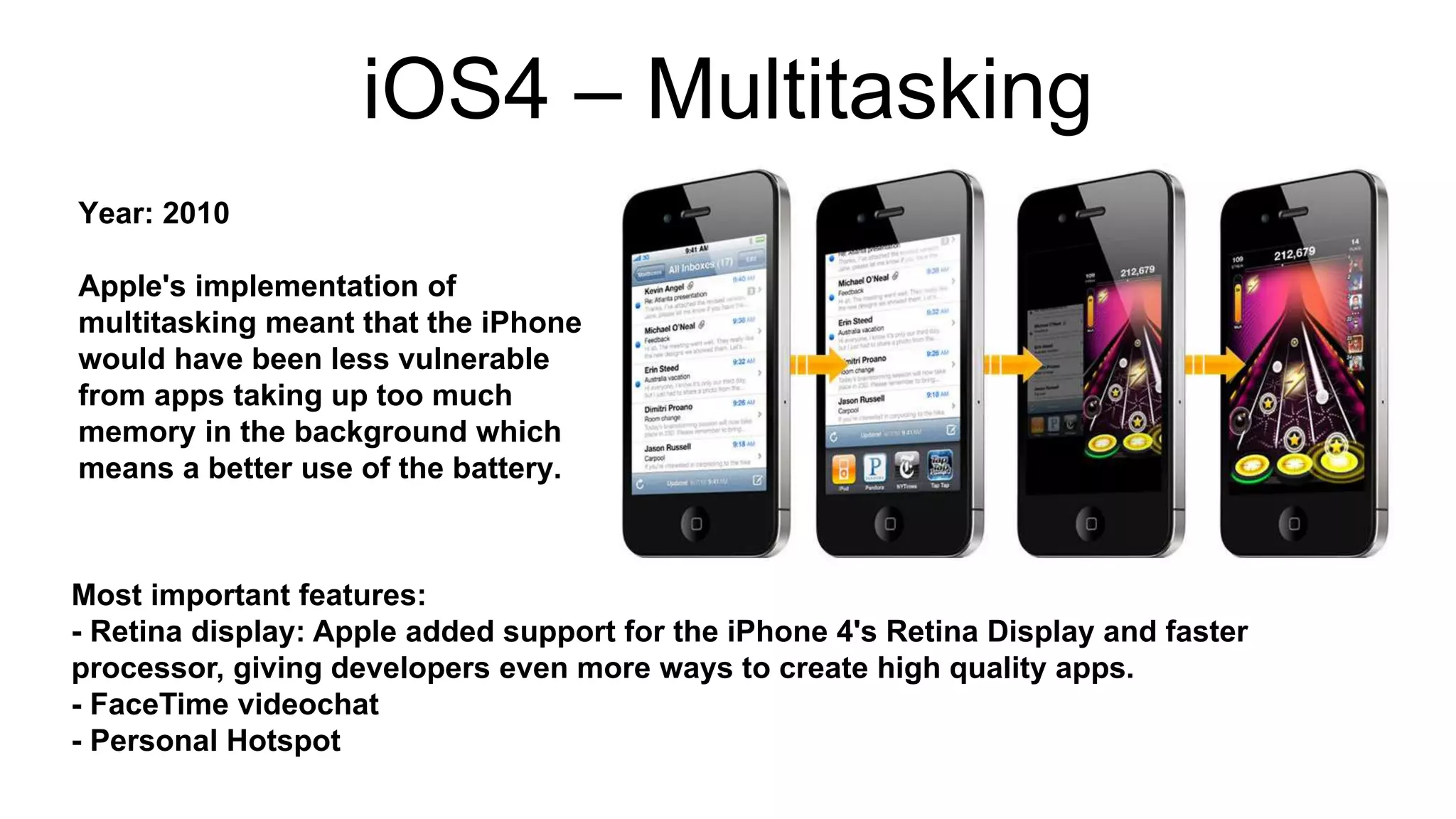 iOS4 – Multitasking 
Year: 2010 
Apple's implementation of 
multitasking meant that the iPhone 
would have been less vulnerable 
from apps taking up too much 
memory in the background which 
means a better use of the battery. 
Most important features: 
- Retina display: Apple added support for the iPhone 4's Retina Display and faster 
processor, giving developers even more ways to create high quality apps. 
- FaceTime videochat 
- Personal Hotspot 
 
